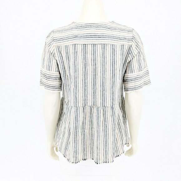 Denim & Co. Striped Blouse Top Fringe Detailing Neutral Tan Women's‎ Size XXS - Picture 3 of 7